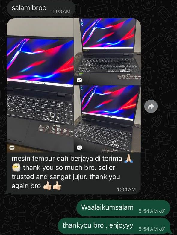 WhatsApp chat: three photos of an Acer Nitro 5 switched on, with the message “seller trusted and sangat jujur”